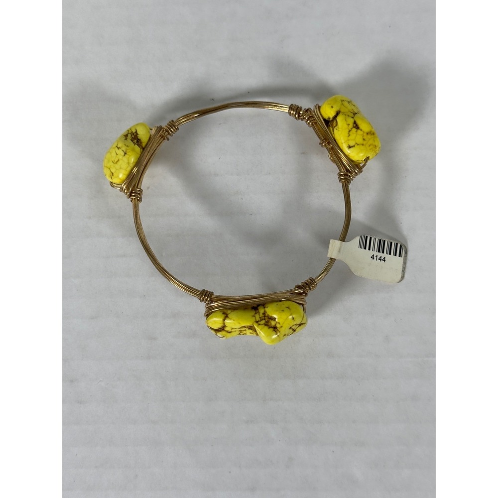 Gold Tone Wire Wrapped Bangle‎ Bracelet with Yellow Turquoise Stone Beads